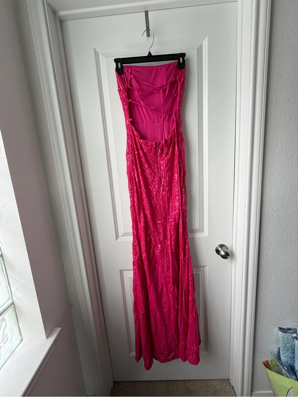Windsor Fuchsia Sequin Lace Gown with Thigh Slit - Picture 3 of 5